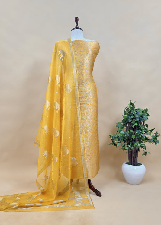 Yellow Banarasi Silk Brocade Suit With Organza Dupatta