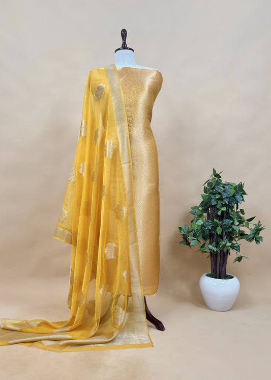 Yellow Banarasi Silk Brocade Suit With Organza Dupatta