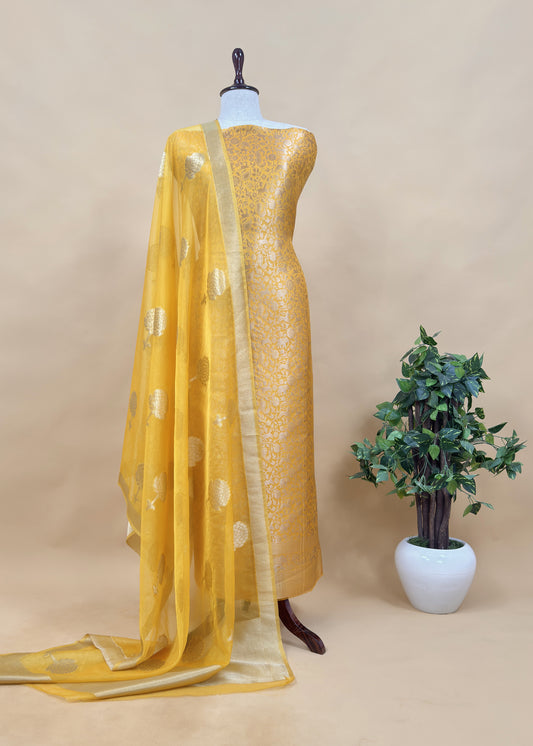 Yellow Banarasi Silk Brocade Suit With Organza Dupatta