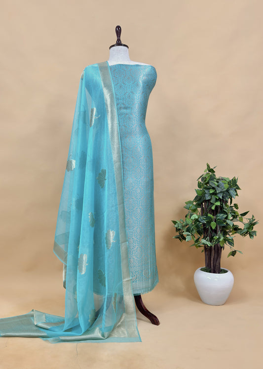 Sky Blue Banarasi Silk Brocade Suit With Organza Dupatta