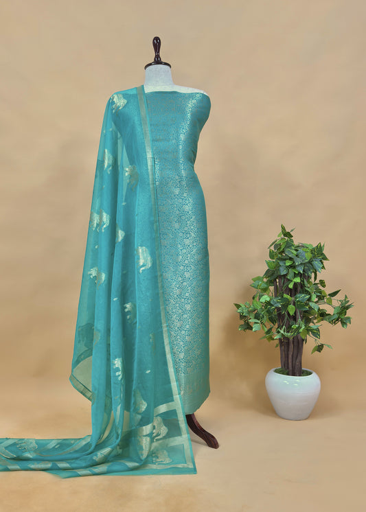 Light Blue Banarasi Silk Brocade Suit With Organza Dupatta