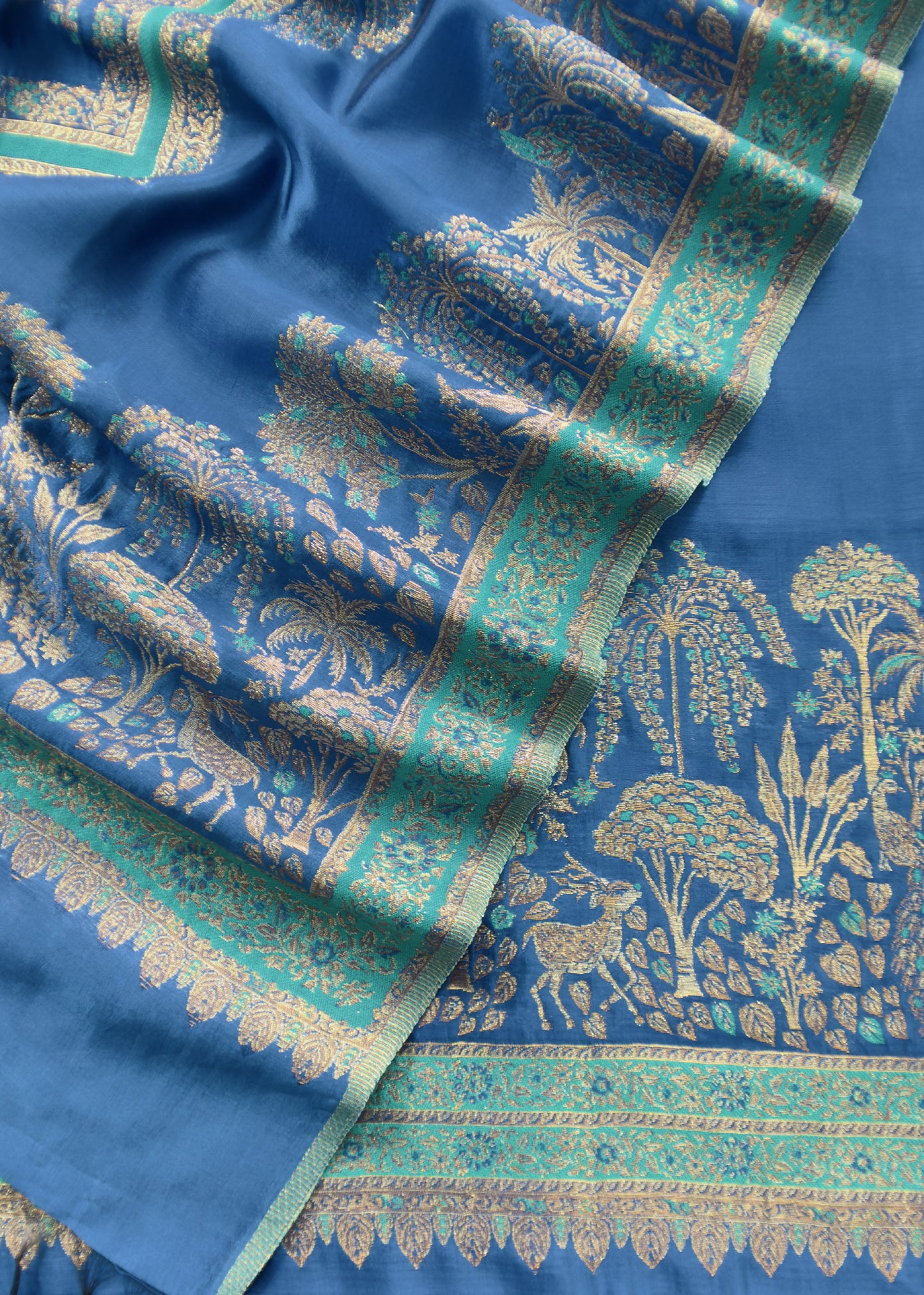 Royal Blue Palm Trees Kani Zari Silk Unstitched Suit