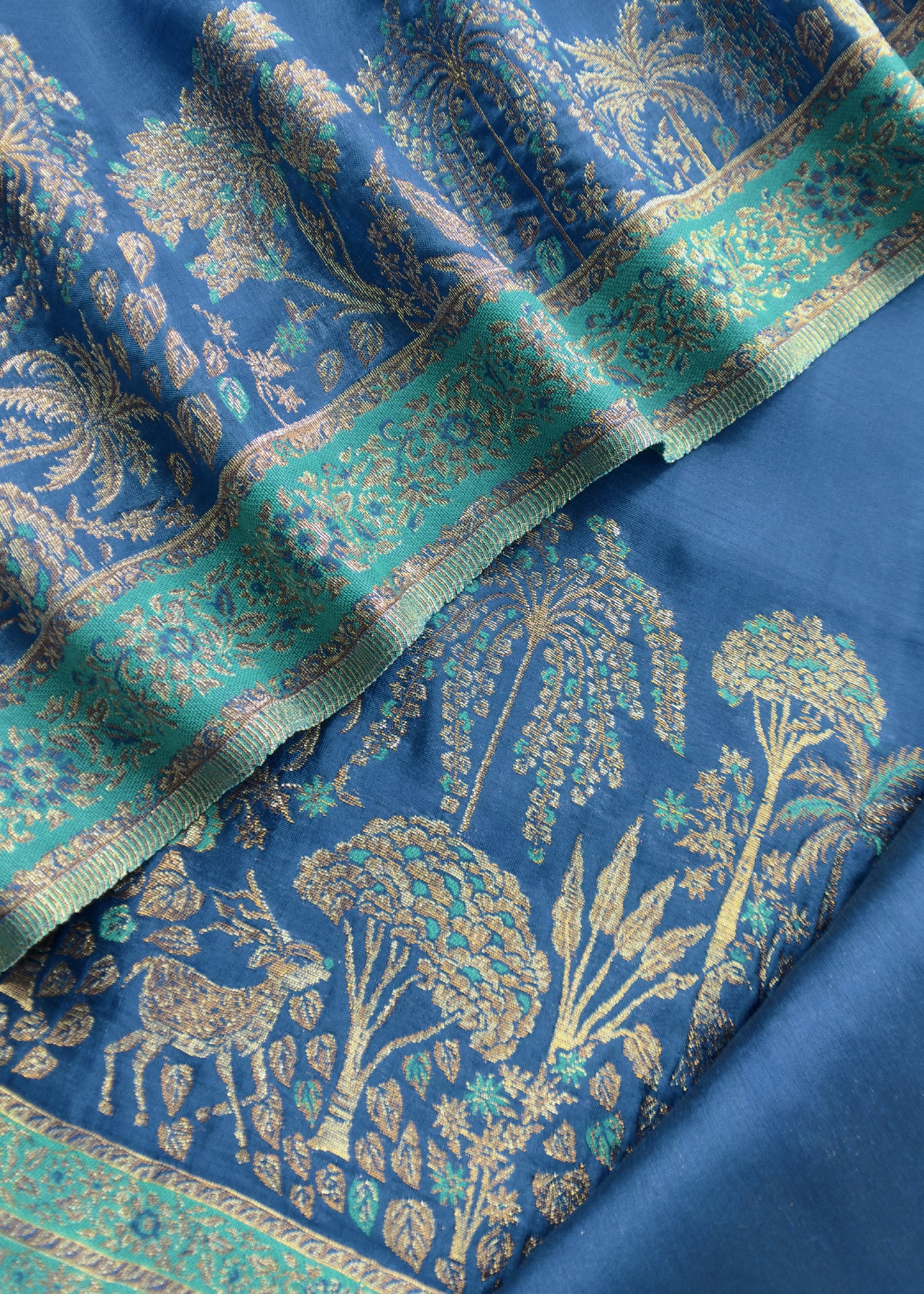 Royal Blue Palm Trees Kani Zari Silk Unstitched Suit