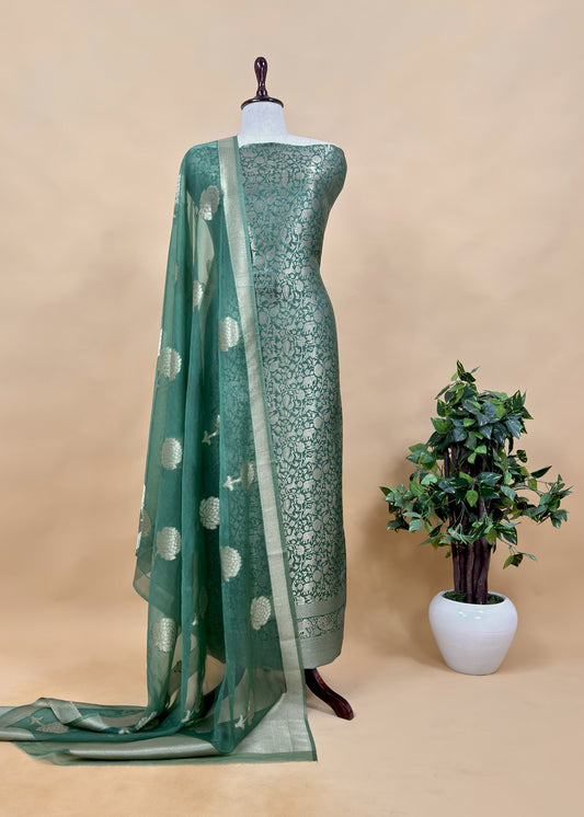 Green Banarasi Silk Brocade Suit With Organza Dupatta