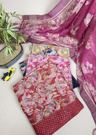 Red Handloom Linen Silk Suit With Digital Print