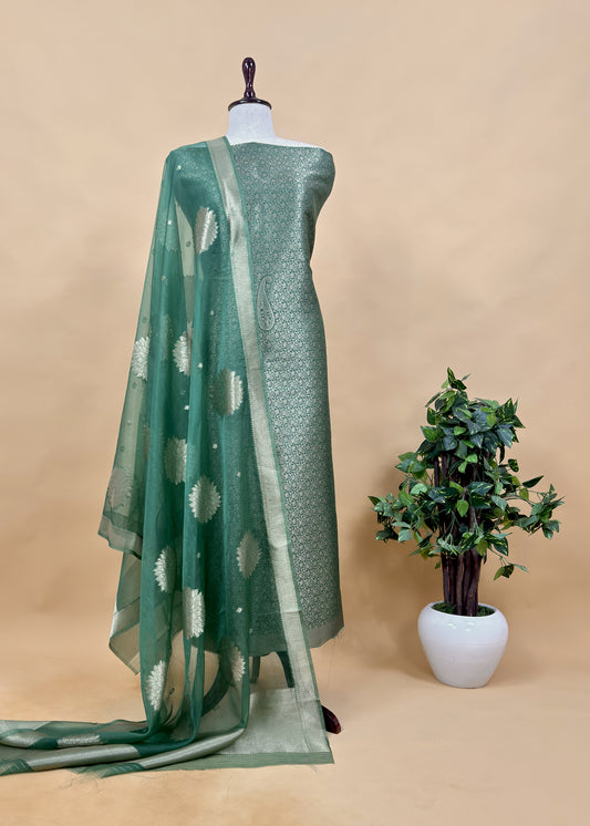 Green Banarasi Silk Brocade Suit With Organza Dupatta