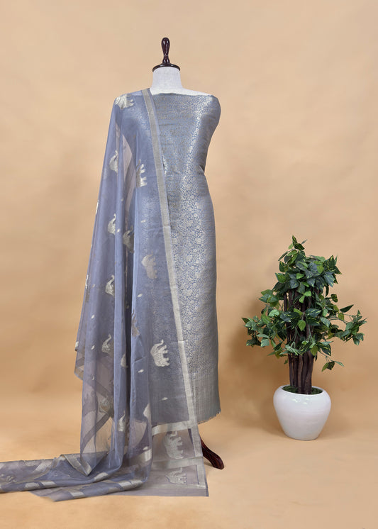 Grey Banarasi Silk Brocade Suit With Organza Dupatta