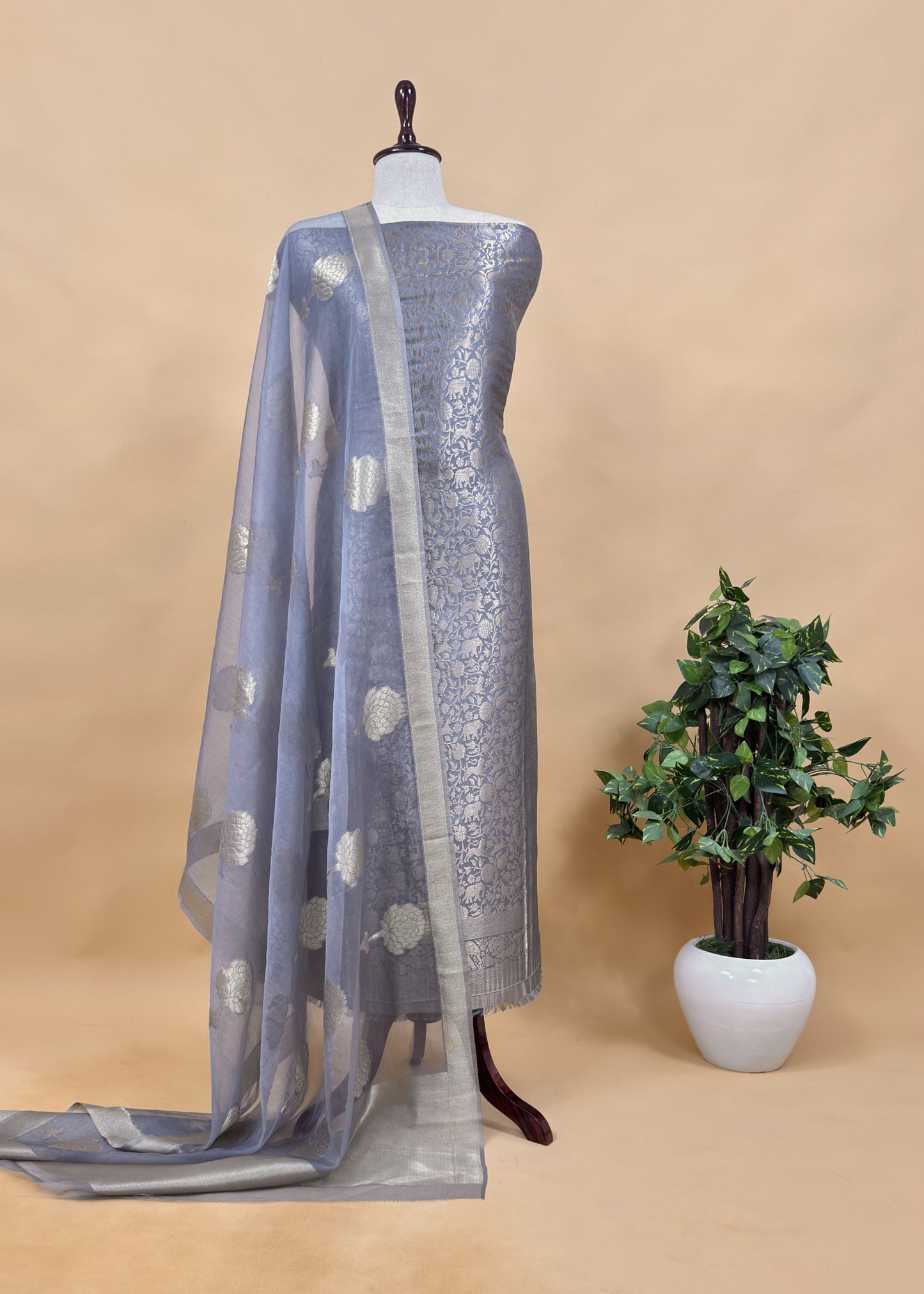 Grey Banarasi Silk Brocade Suit With Organza Dupatta
