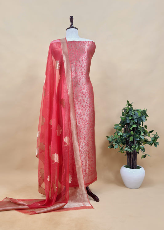 Red Banarasi Silk Brocade Suit With Organza Dupatta