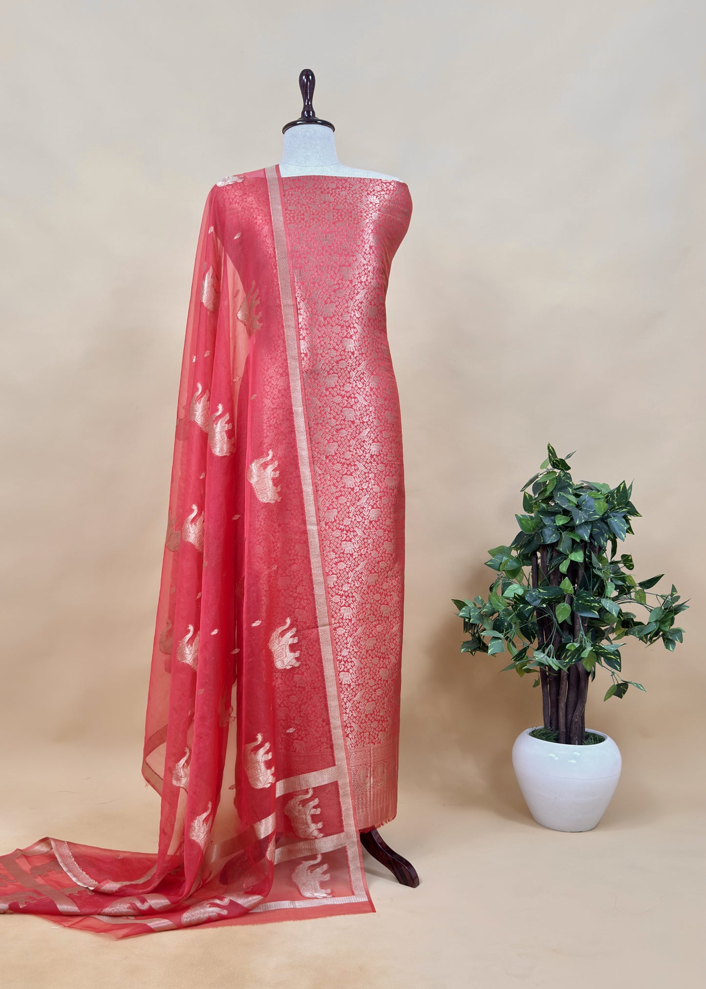 Red Banarasi Silk Brocade Suit With Organza Dupatta