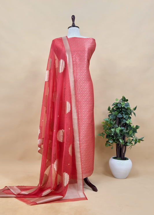 Red Banarasi Silk Brocade Suit With Organza Dupatta