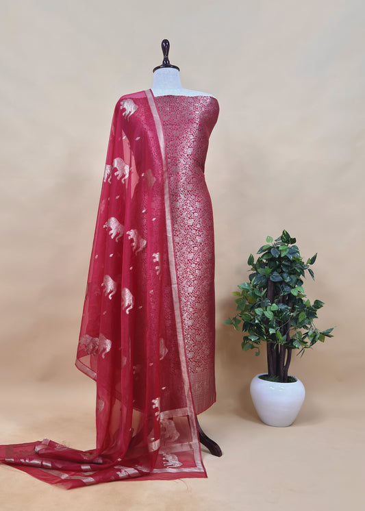 Red Banarasi Silk Brocade Suit With Organza Dupatta