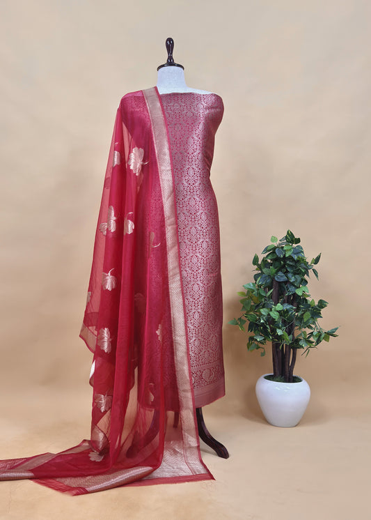 Red Banarasi Silk Brocade Suit With Organza Dupatta