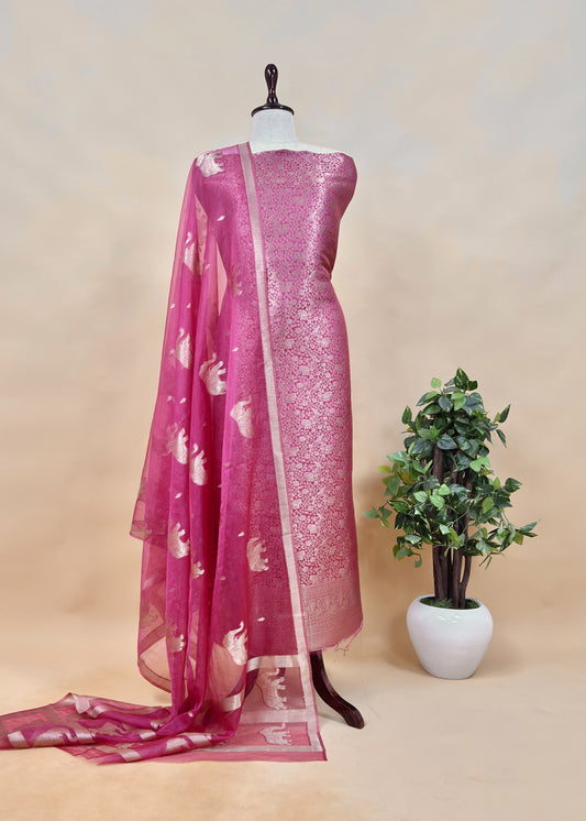 Pink Banarasi Silk Brocade Suit With Organza Dupatta