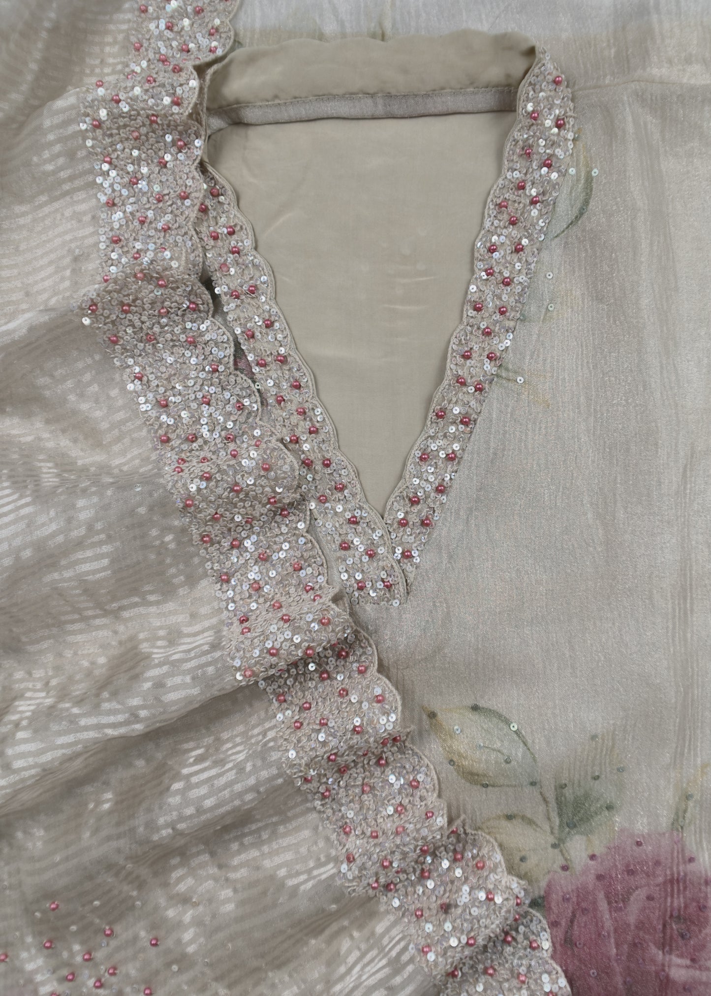 Pastel Unstitched Dupatta-suit in Handloom Tissue-Silk  with Pearl and sequins