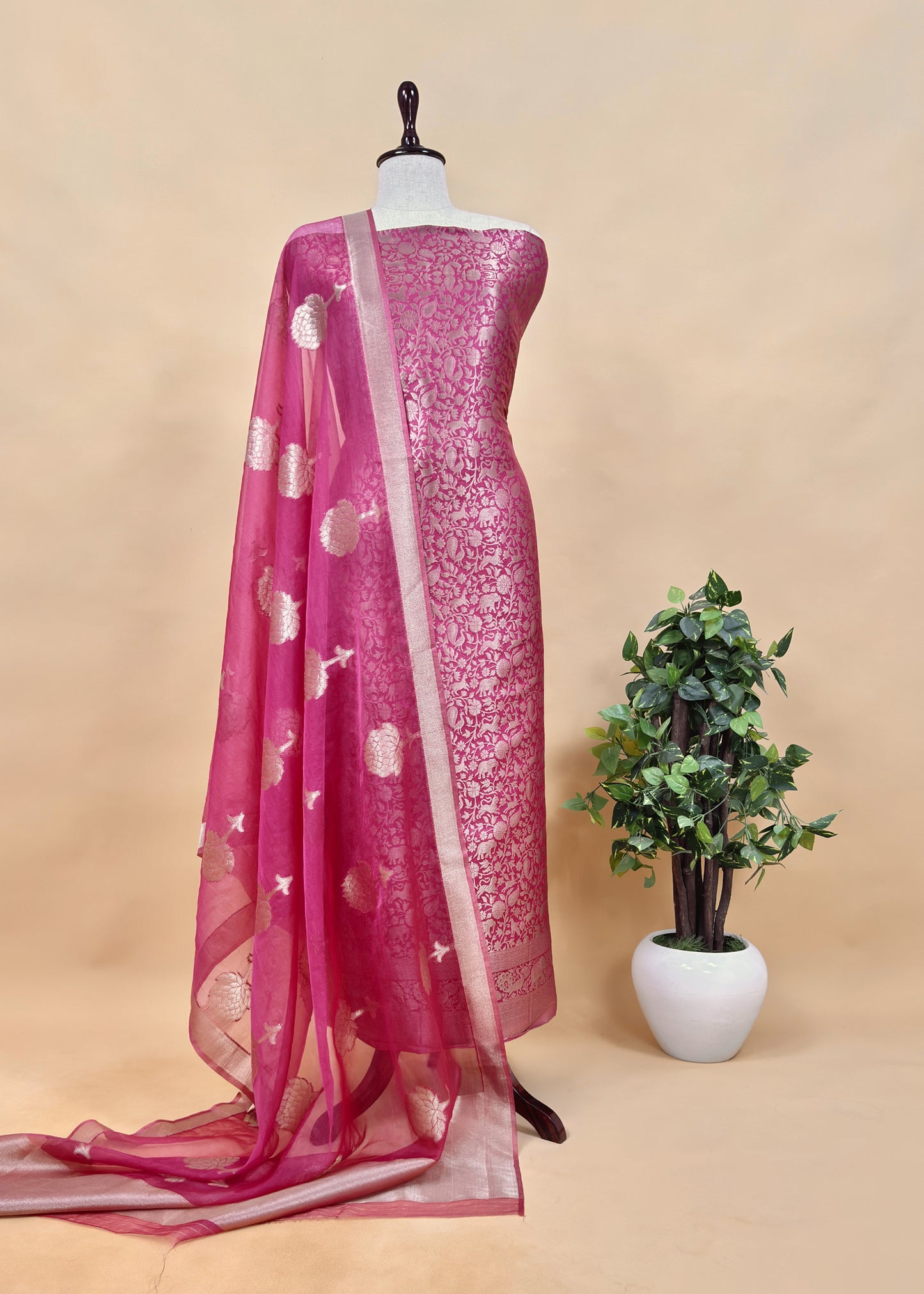 Pink Banarasi Silk Brocade Suit With Organza Dupatta