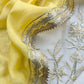 White And Yellow Pure Mulmul Suit With Gota Patti Hand Embroidery
