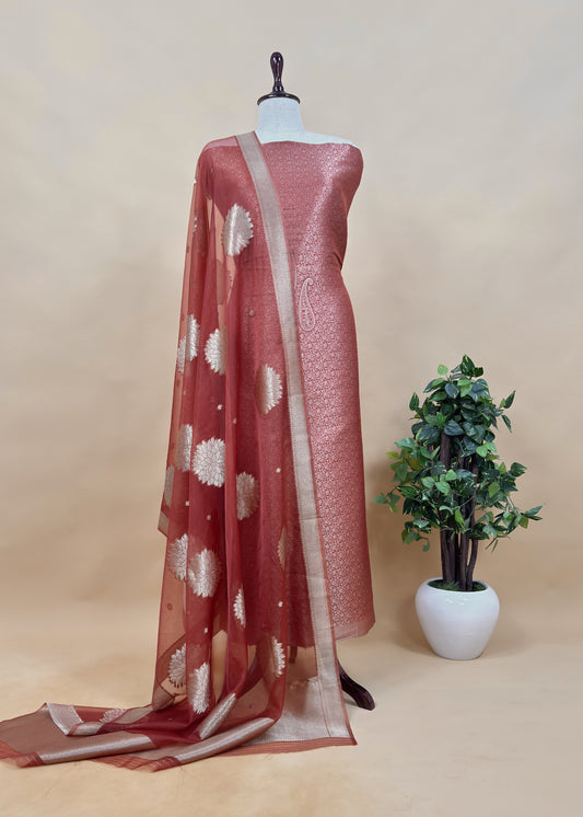 Brown Banarasi Silk Brocade Suit With Organza Dupatta