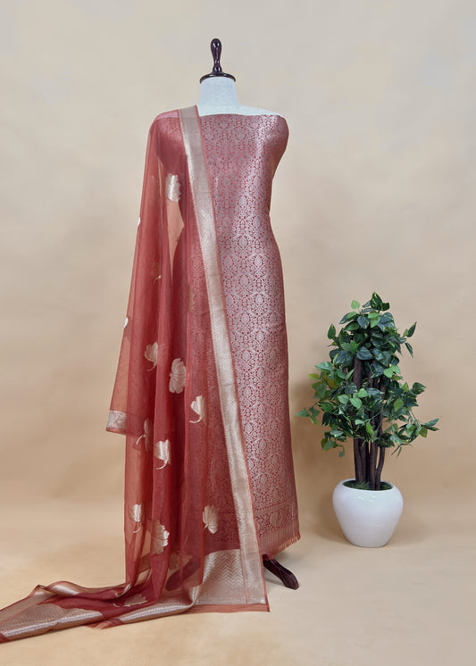 Brown Banarasi Silk Brocade Suit With Organza Dupatta