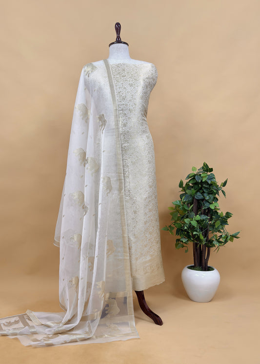 Off White Banarasi Silk Brocade Suit With Organza Dupatta