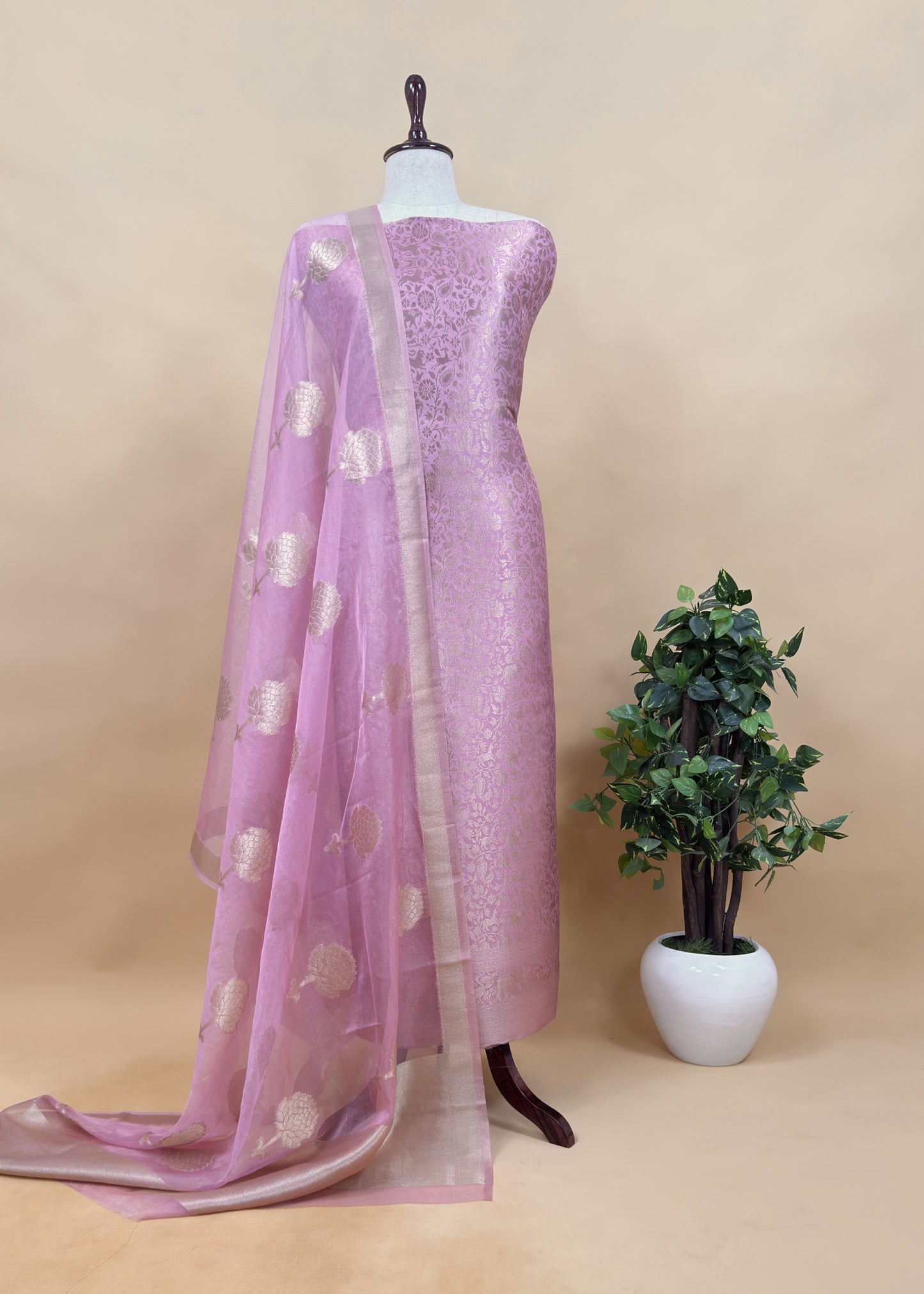 Light Pink Banarasi Silk Brocade Suit With Organza Dupatta