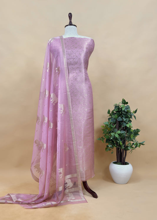 Light Pink Banarasi Silk Brocade Suit With Organza Dupatta