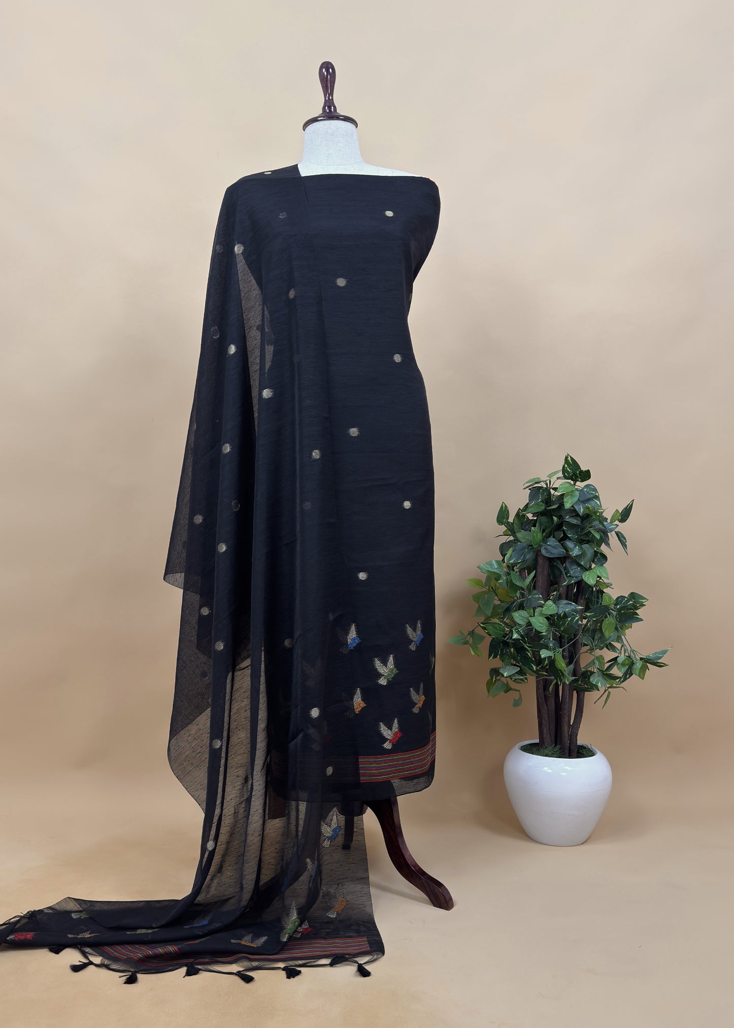 Black Chidiya Jamdani Weaved Unstitched Suit In Chanderi