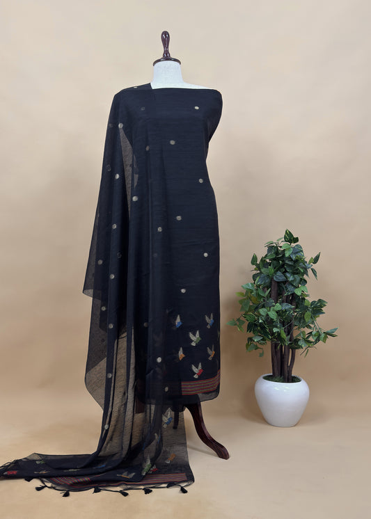 Black Chidiya Jamdani Weaved Unstitched Suit In Chanderi