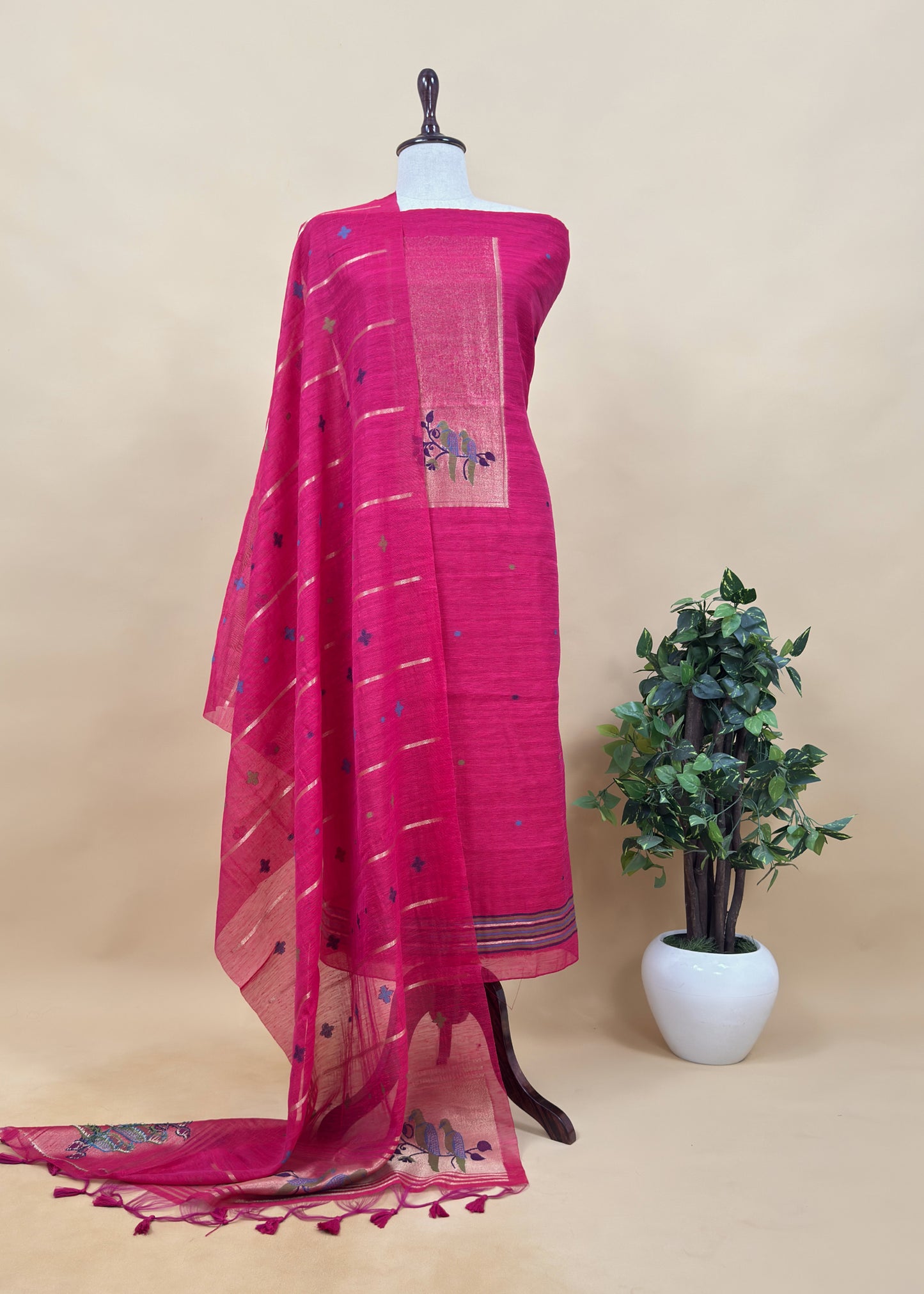 Green Jamdani Woven Unstitched Suit With Paithani Work