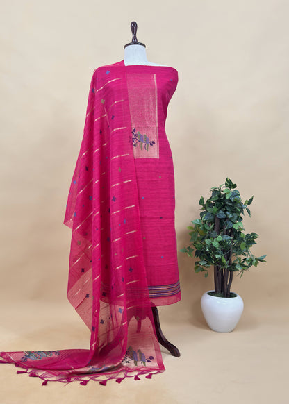 Red Jamdani Woven Unstitched Suit With Paithani Work