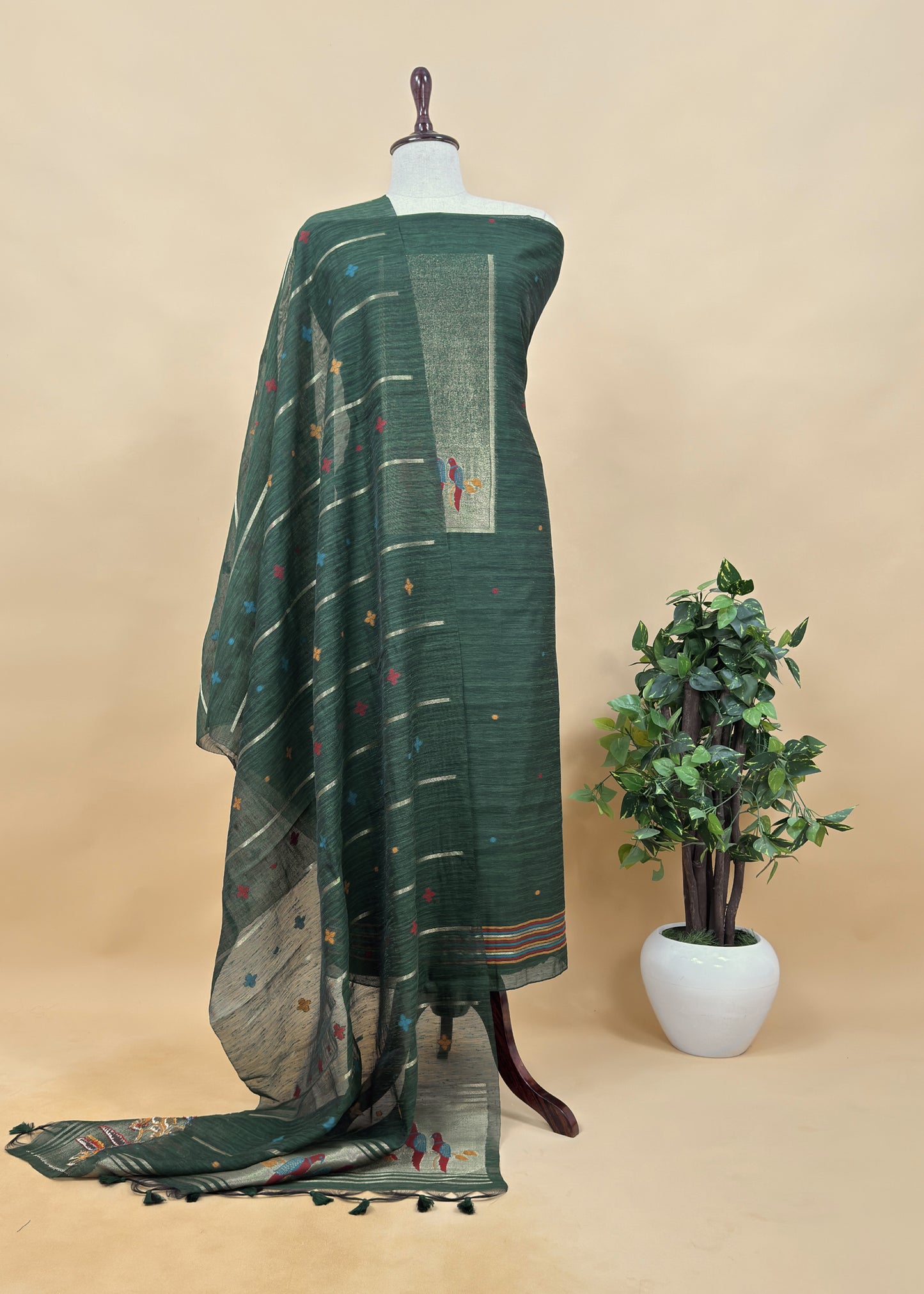 Green Jamdani Woven Unstitched Suit With Paithani Work