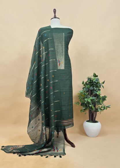 Red Jamdani Woven Unstitched Suit With Paithani Work