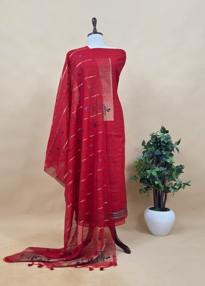 Red Jamdani Woven Unstitched Suit With Paithani Work