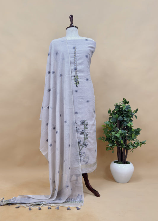 Chikoo Kantha Embroidered Pichwai Suit With Jamdani Weaving