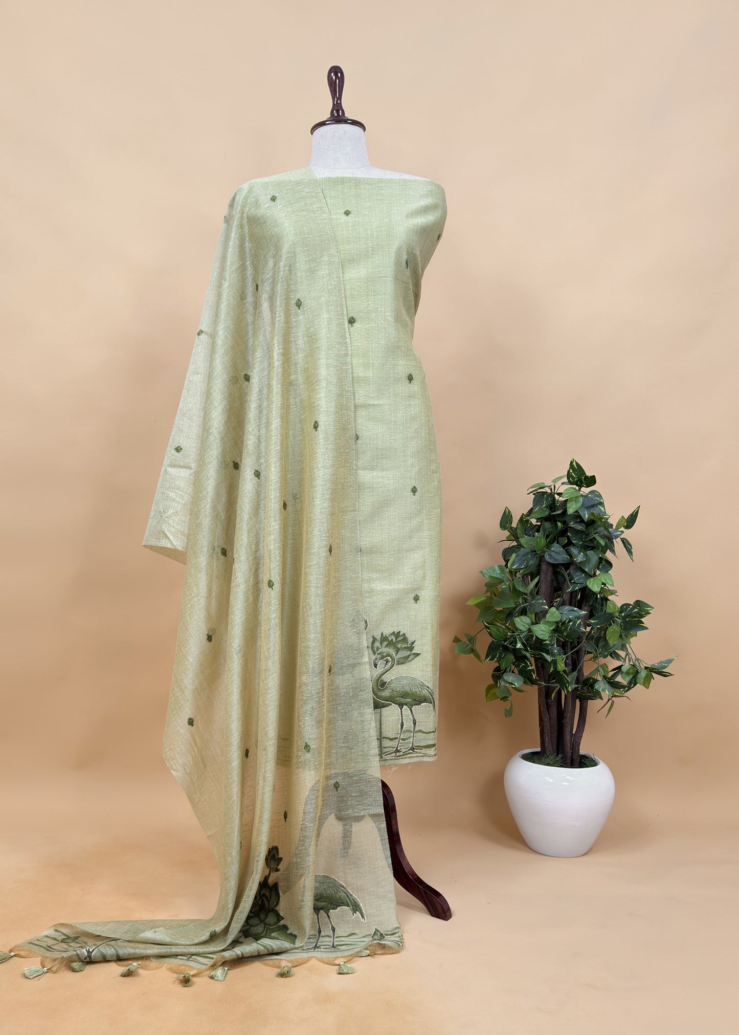 Pink Linen Chanderi Suit Fabric With Flamingo Jamdani Weaving