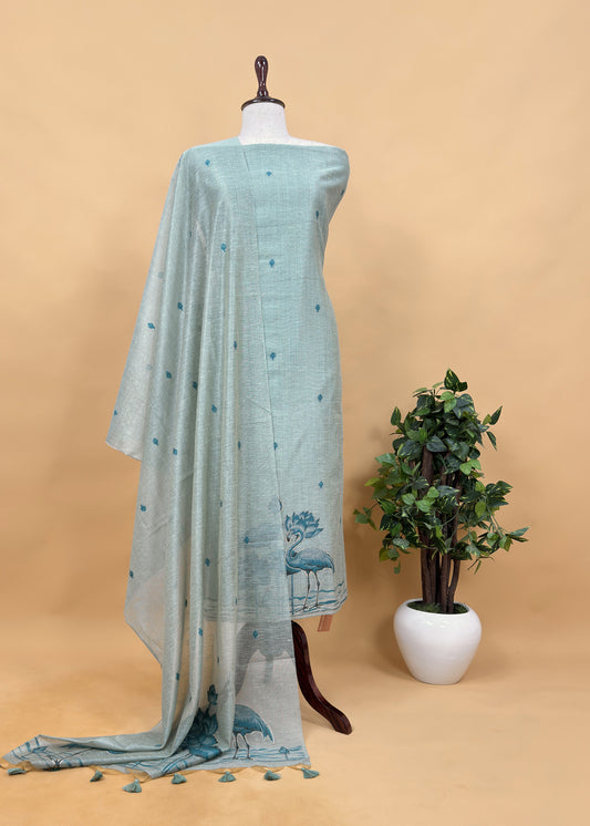 Blue Linen Chanderi Suit Fabric With Flamingo Jamdani Weaving