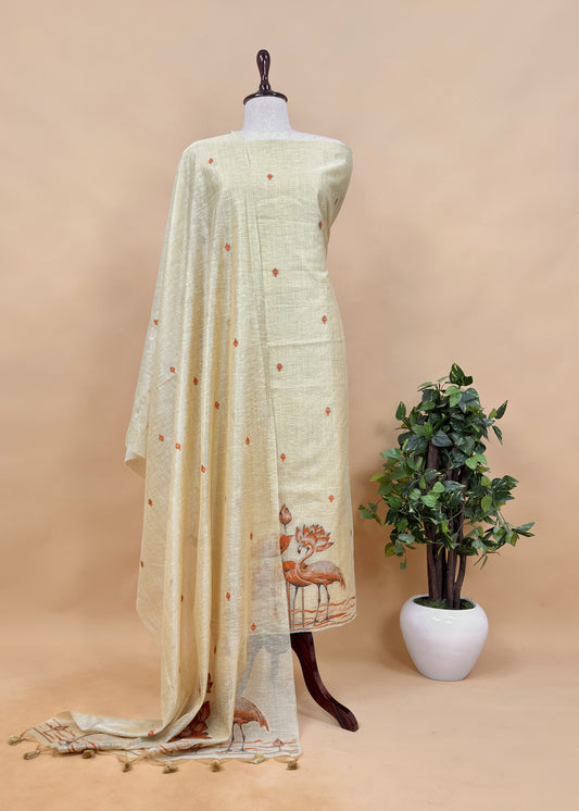 Yellow Linen Chanderi Suit Fabric With Flamingo Jamdani Weaving