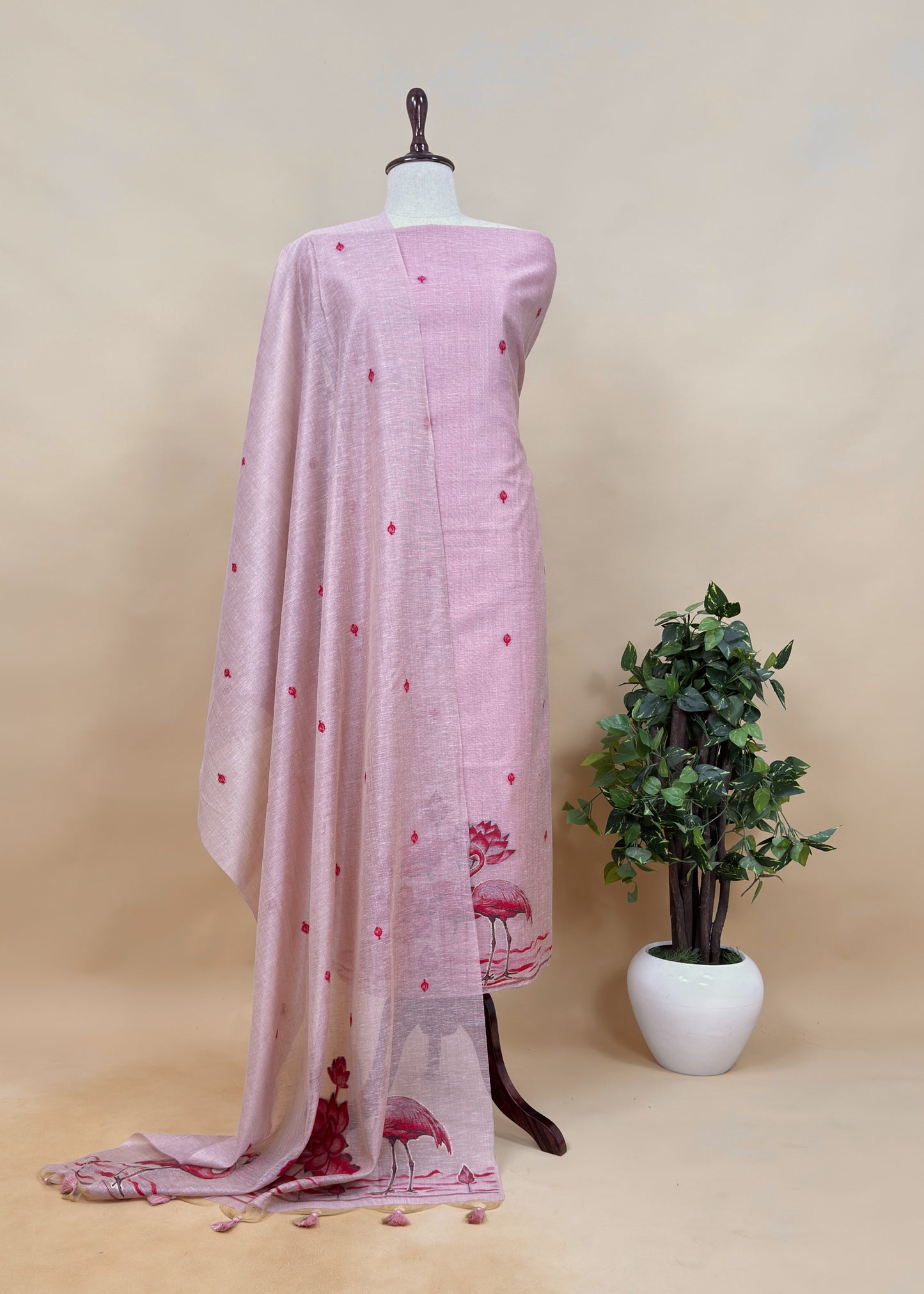 Pink Linen Chanderi Suit Fabric With Flamingo Jamdani Weaving