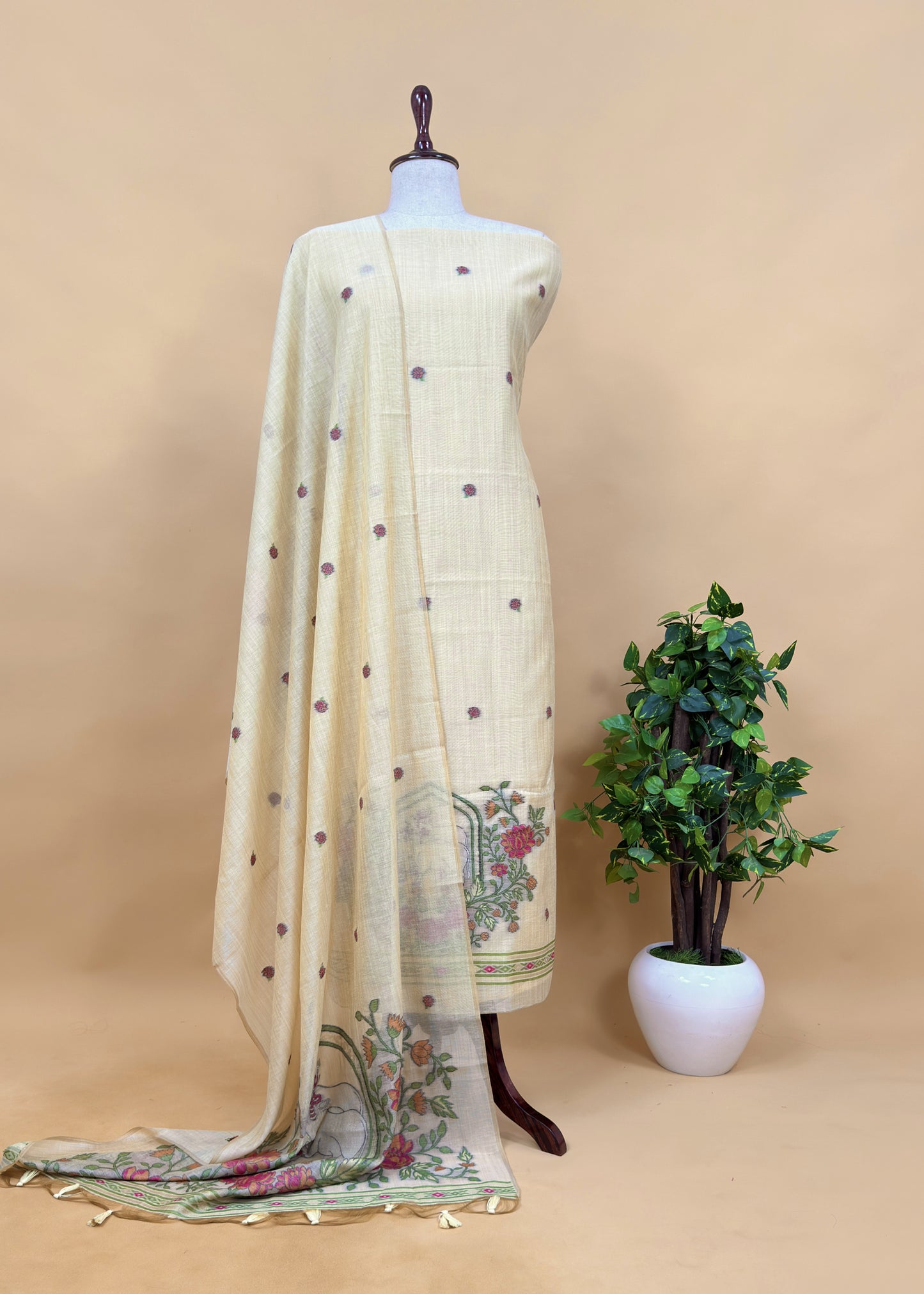Linen Chanderi Unstitched Suit With Pichwai Jamdani Weaving