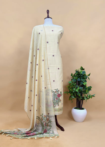 Linen Chanderi Unstitched Suit With Pichwai Jamdani Weaving