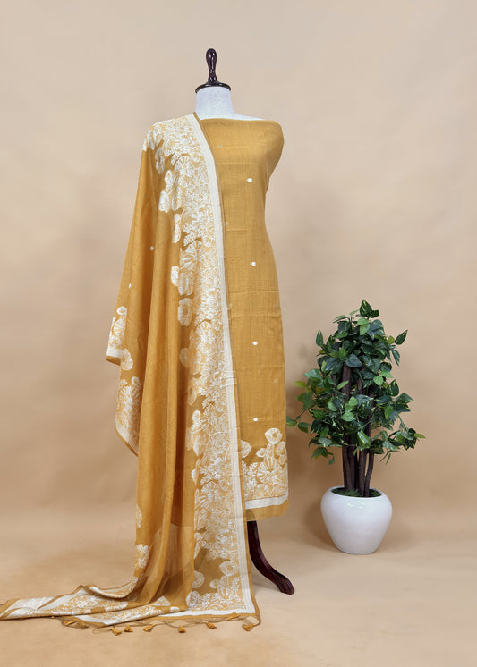 Yellow Floral Jamdani Weaved Unstitched Suit In Linen Chanderi
