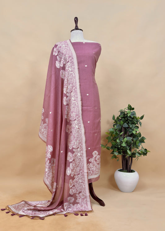 Pink Floral Jamdani Weaved Unstitched Suit In Linen Chanderi