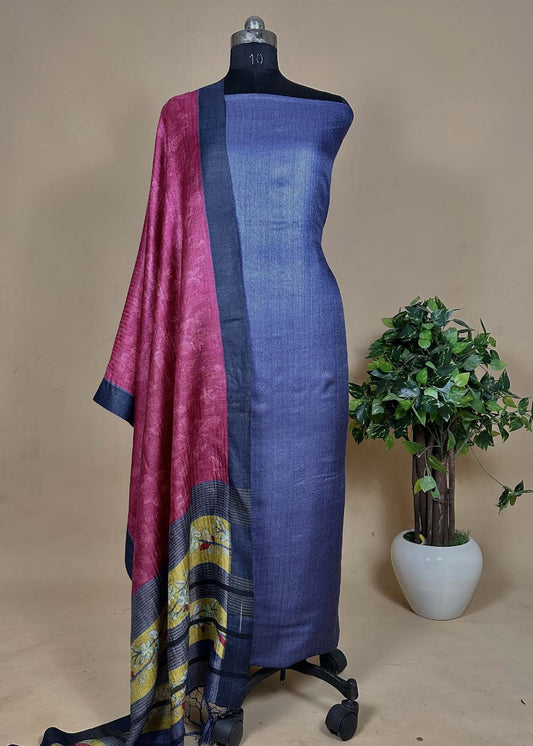 Blue Pure Pashmina Suit With Kalamkari Dupatta