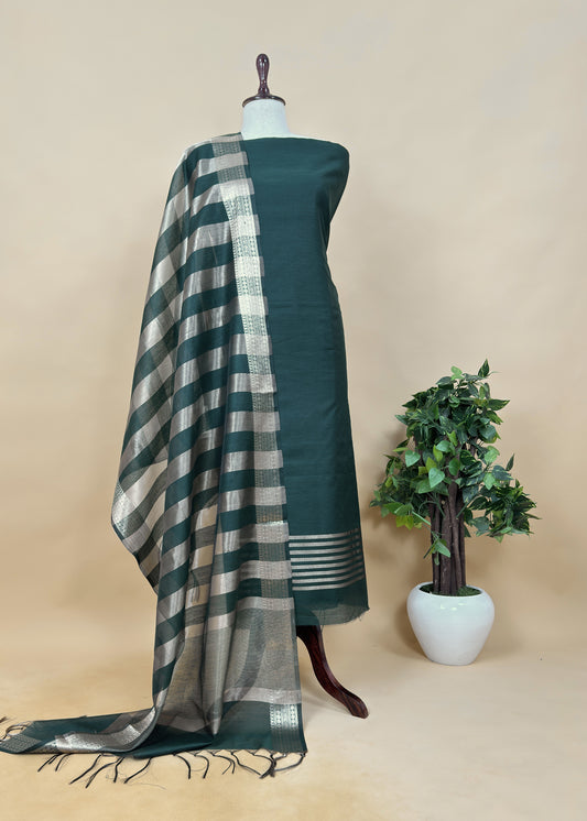 Bottle Green Banarasi Chanderi Silk Suit In Zari Work