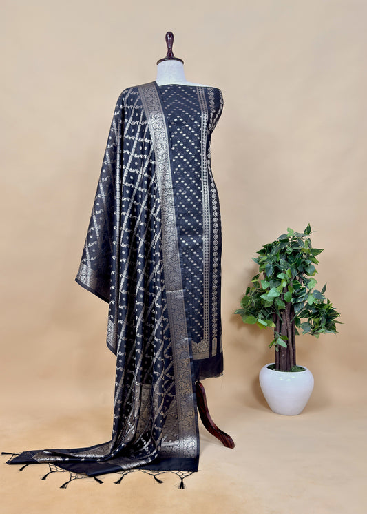 Black Banarasi Chanderi Silk Suit In Zari Work