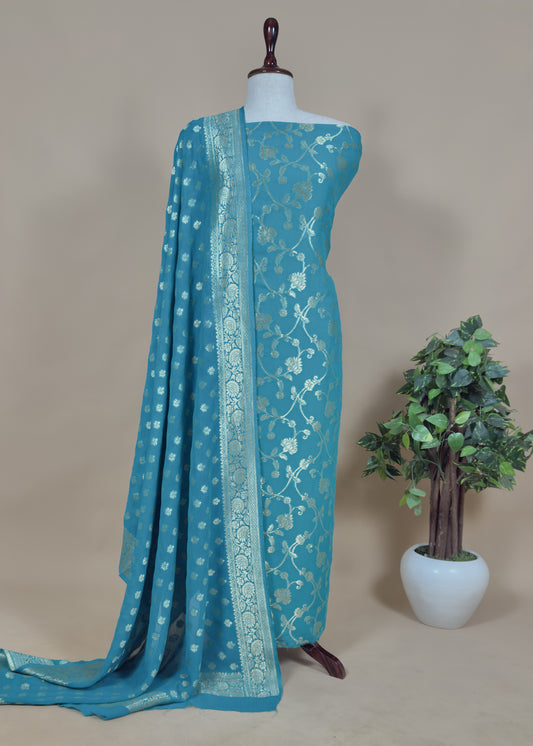 Blue Banarasi khaddi georgette unstitched Dupatta suit