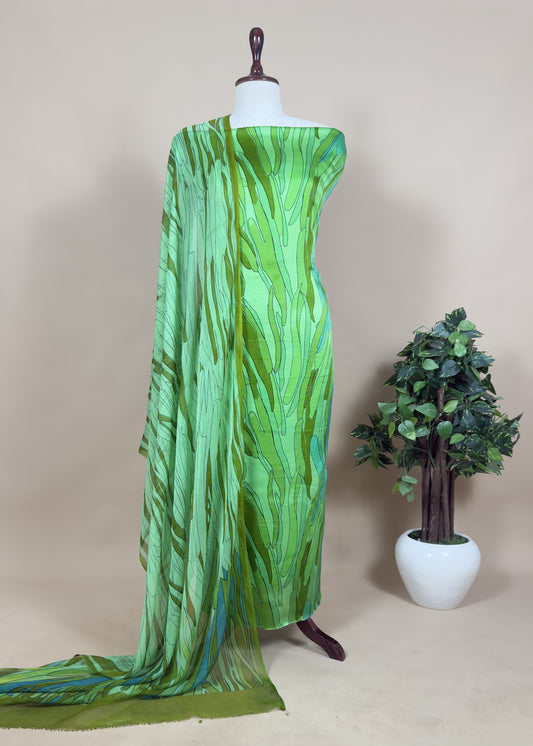 Green Satin Crepe Unstitched Suit With Chinon Dupatta