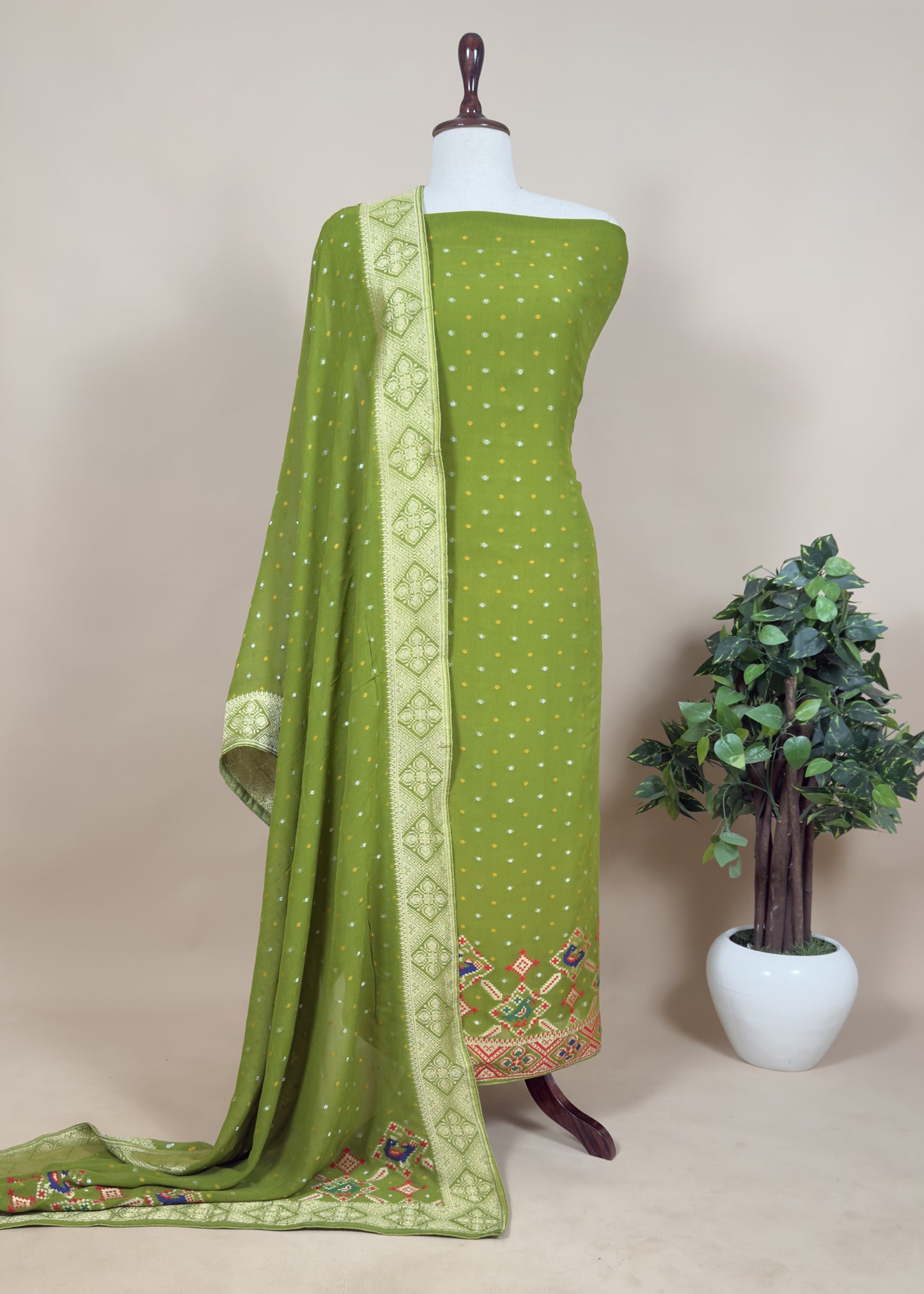 Green Banarasi Georgette Suit With patola Weaving