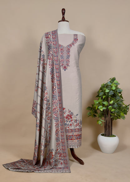Grey Handloom Pashmina Suit With Kani Weaving