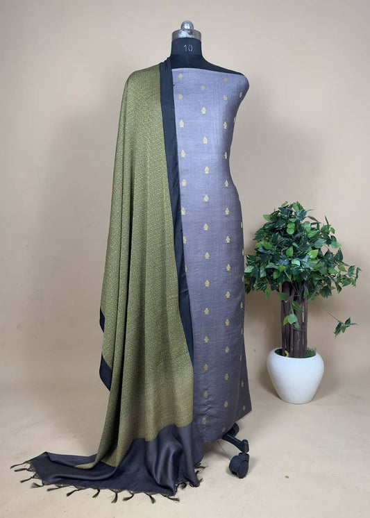 Brownish Grey Embroidered Pashmina Suit Set